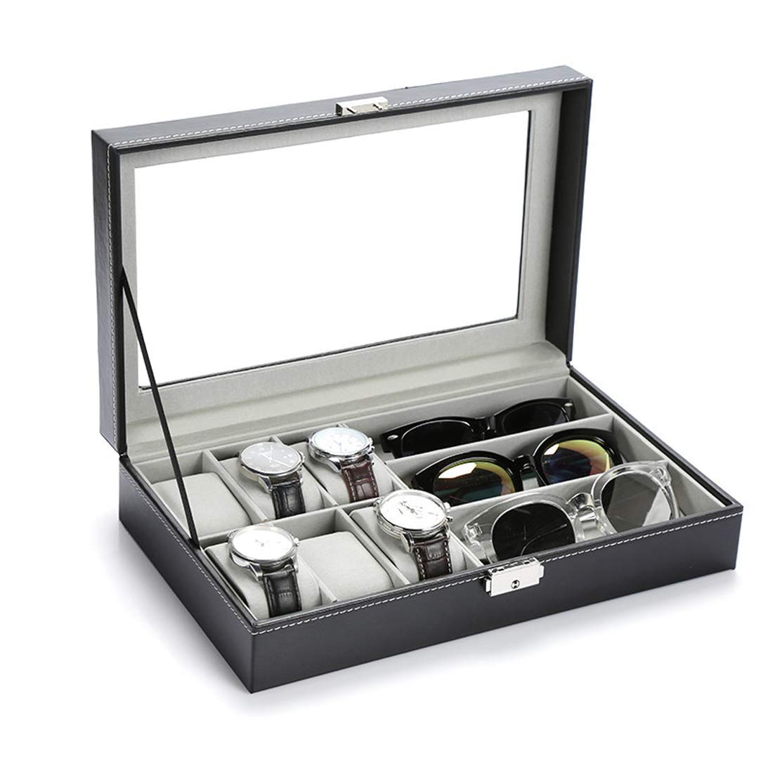 KNYUC MART Watch and Sunglasses Jewelry box, 6 Watch Box Jewelry Case and 3 Slots Sunglasses Organizer, PU Leather Eyeglass case Watch and Sunglasses Box for Men Women, Black (B09NQBL45Z) Amazon Price History, Amazon Price Tracker