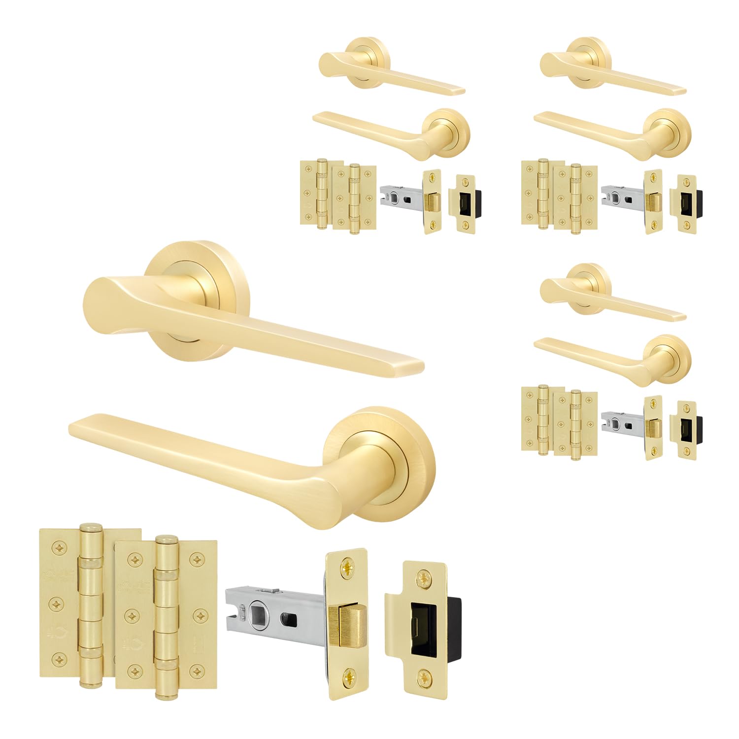 EAI Brass Door Handle Latch Set, Satin Brass Internal Door Handle with 64mm Latch and 76mm Hinges, Tarna Range 4 Pack