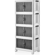 Deconox 4 Layers Portable Organizer Multi-Purpose Foldable Cabinet with Wheels, Organizer Shelf with Lid Tidying Unit for Kitchen, Bathroom, Children's Room, Garage and Storage, Stop Wheeled (WHITE)
