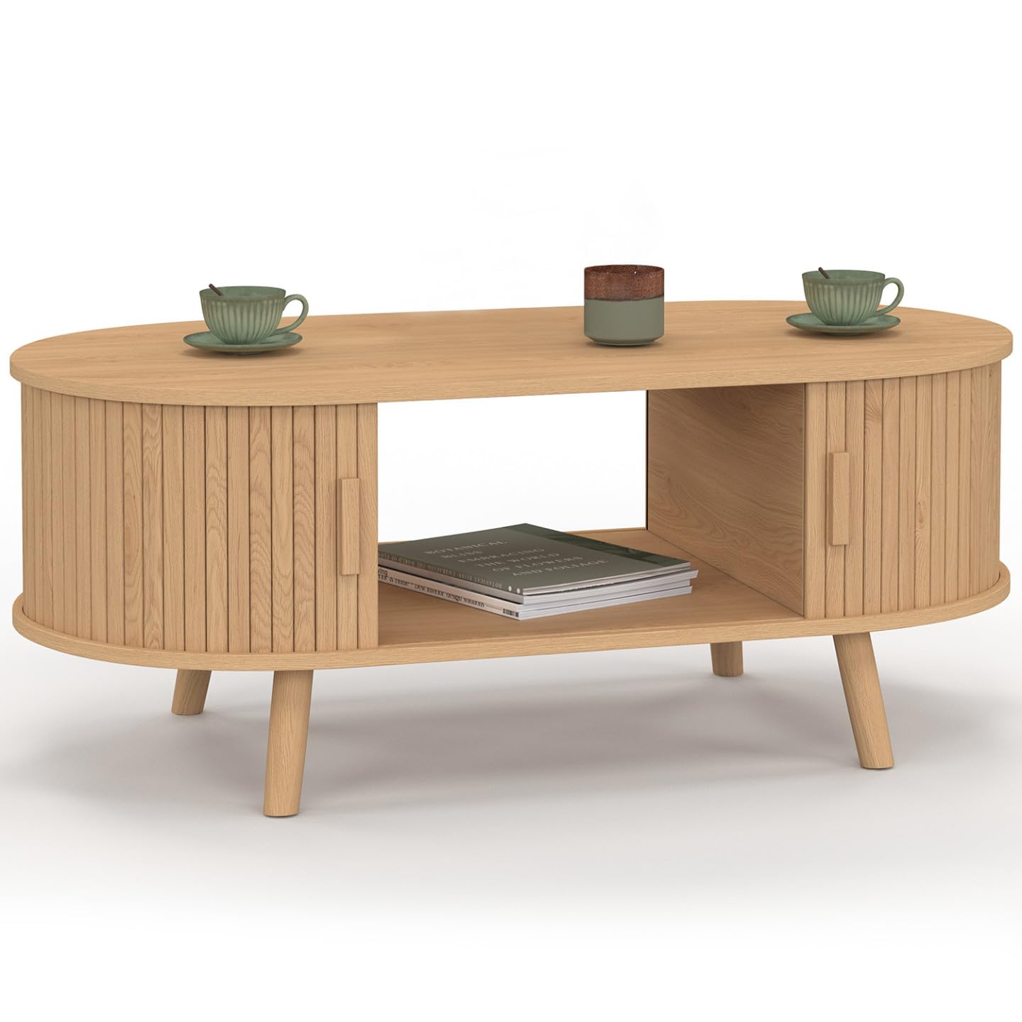 IDMarket - Mesa auxiliar ovalada ROMIE, 100 cm, 2 puertas correderas, láminas de madera color roble