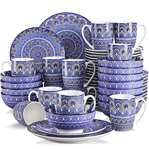 vancasso Mandala Patterned Porcelain Dinner Set for 12, Dinnerware Set 48 Piece Plate Bowl Set, Crockery Blue Dinner Service Table Service, Bohemian Style