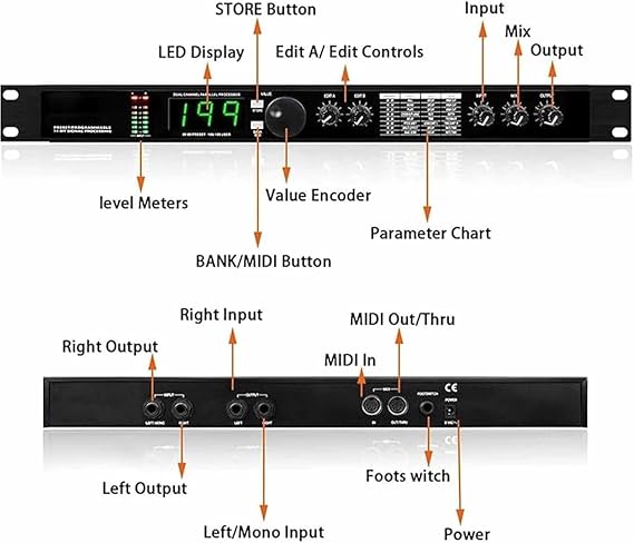 Professional Audio Processor Equalizer, Digital Reverb DSP Processor, Preset/Programmable 24 Bit Signal Processing, 99 Preset Programs, 199 Sound Effects Memory, Automatic Noise Reduction for Recordin