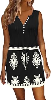 Womens Summer Casual Dresses Sleeveless Beach Vacation Sundresses Drawstring Waist Short Striped Dress with Pockets