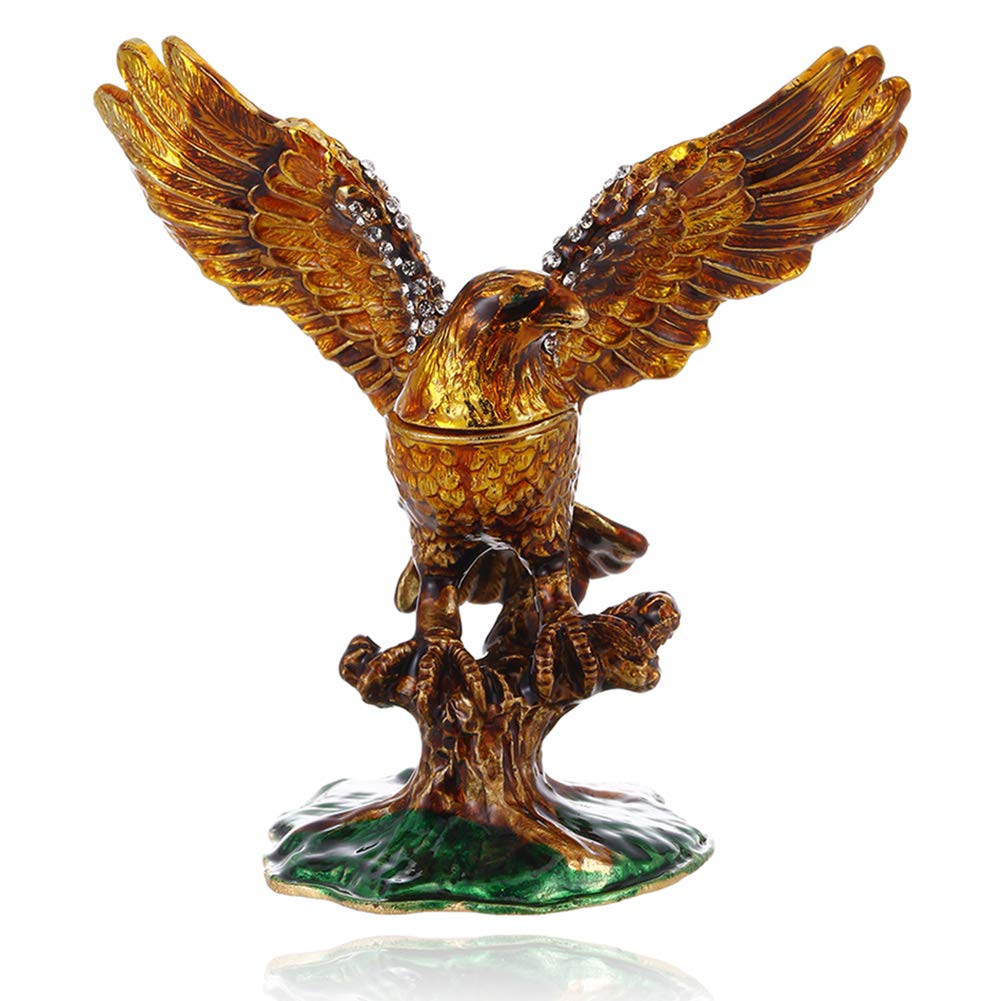 Vie jeune Hand Painted Enamel Eagle Trinket Box, Hinged Unique Mini Ring Necklace Jewelry Organizer, Classical Bejeweled Storage, Figurine Collectible Keepsake Home Decor (Eagle)