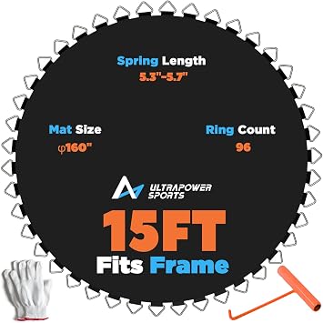Trampoline Mat Replacement 15FT Replacement Trampoline Mat 15 FT Jumping Mat for 10 Row Stitch Anti-UV Wear-Resistant Hook Gloves Parts