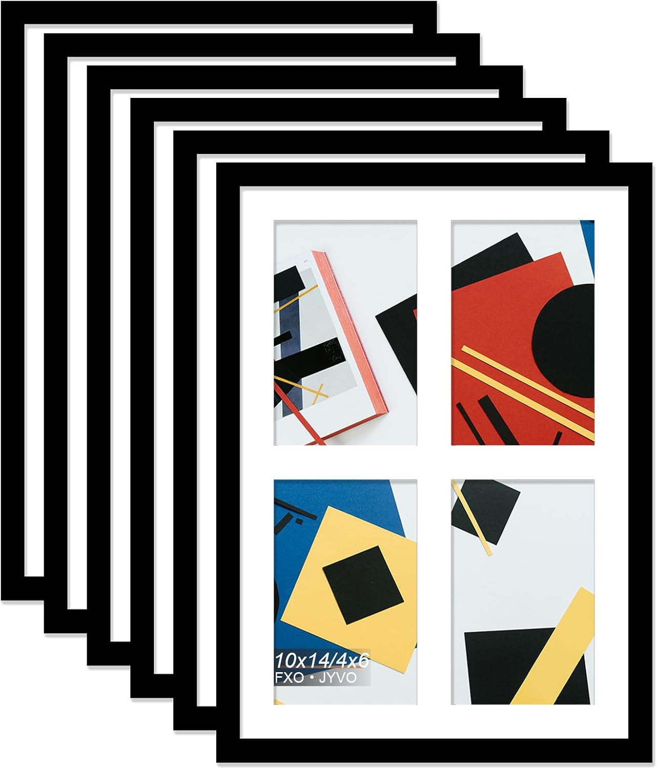 4x6 Picture Frame Collage Set of 6, Display 4 4x6 Picture Collage or 10x14 Photo Only Without Mat, Light Weight and High Transparent Frame for Wall - 6 Pack/Black/4-Openings