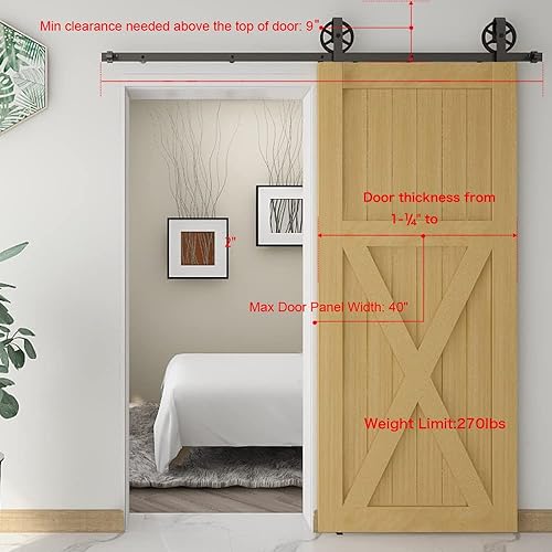 Miniatura 4 de Kit de rieles de 98-25 pulgadas para puerta corrediza de granero, rodillo de rueda negro básico para puertas individuales, sistema de rieles de