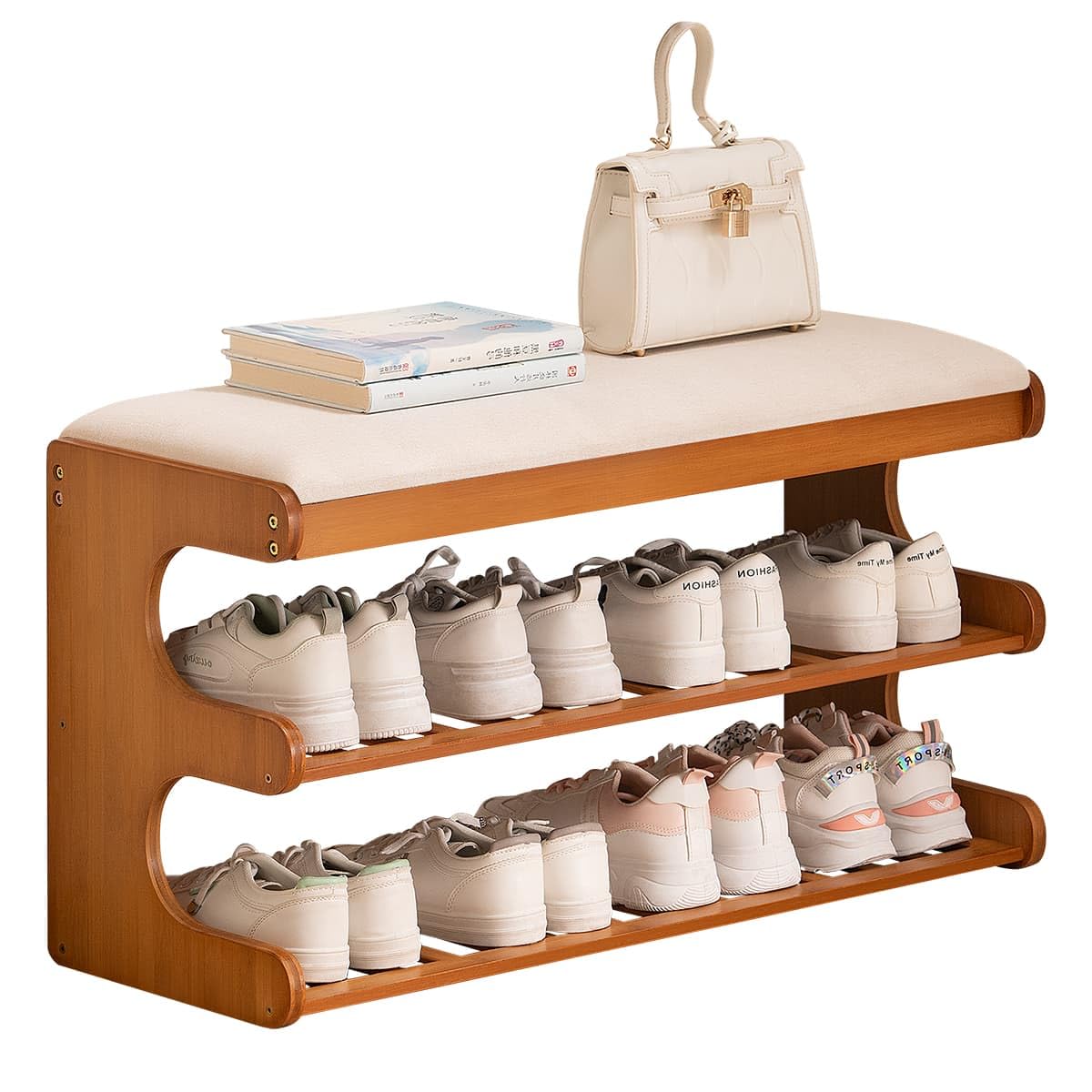 Panca Scarpiera Bambù con Seduta Imbottita, Porta Scarpe (cuscino bianco)