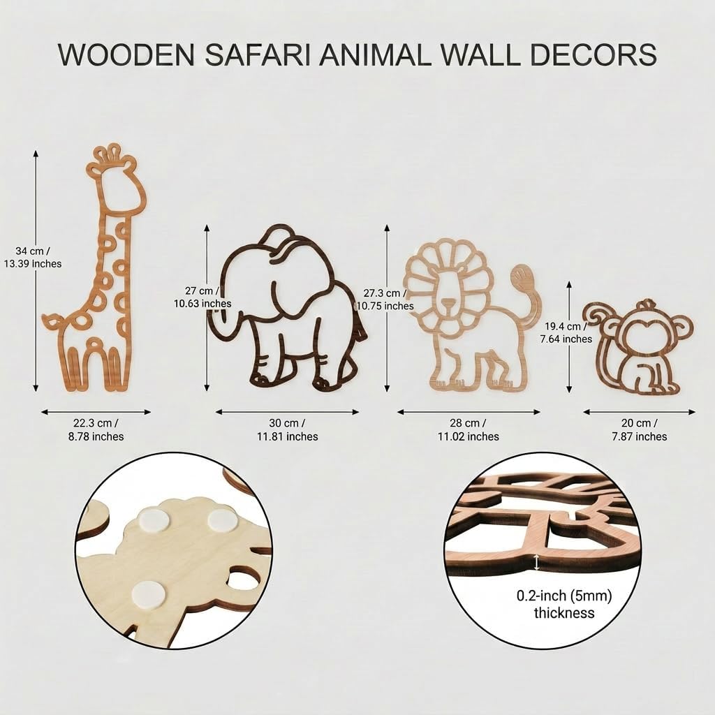 4 PCS Nursery Wall Decor Safari Animal Wooden Wall Art Sets for Kids Room Wood Jungle Theme Decorations for Baby Nursery Playroom Wall Hanging Decorations