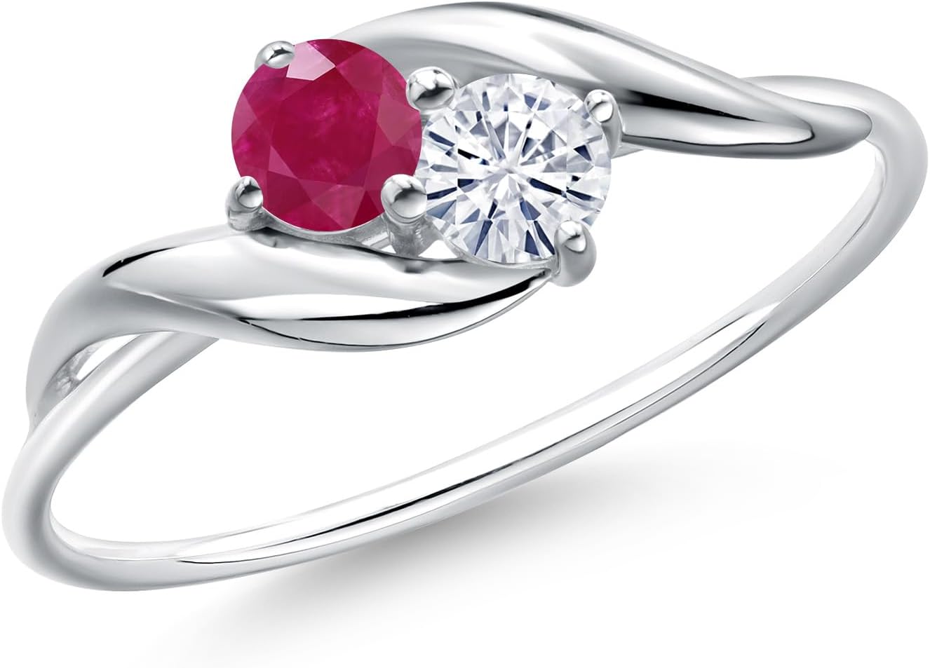 10K White Gold Round Red Ruby and White Moissanite Ring For Women (0.41 Cttw, Round 3.5MM, Gemstone July Birthstone)