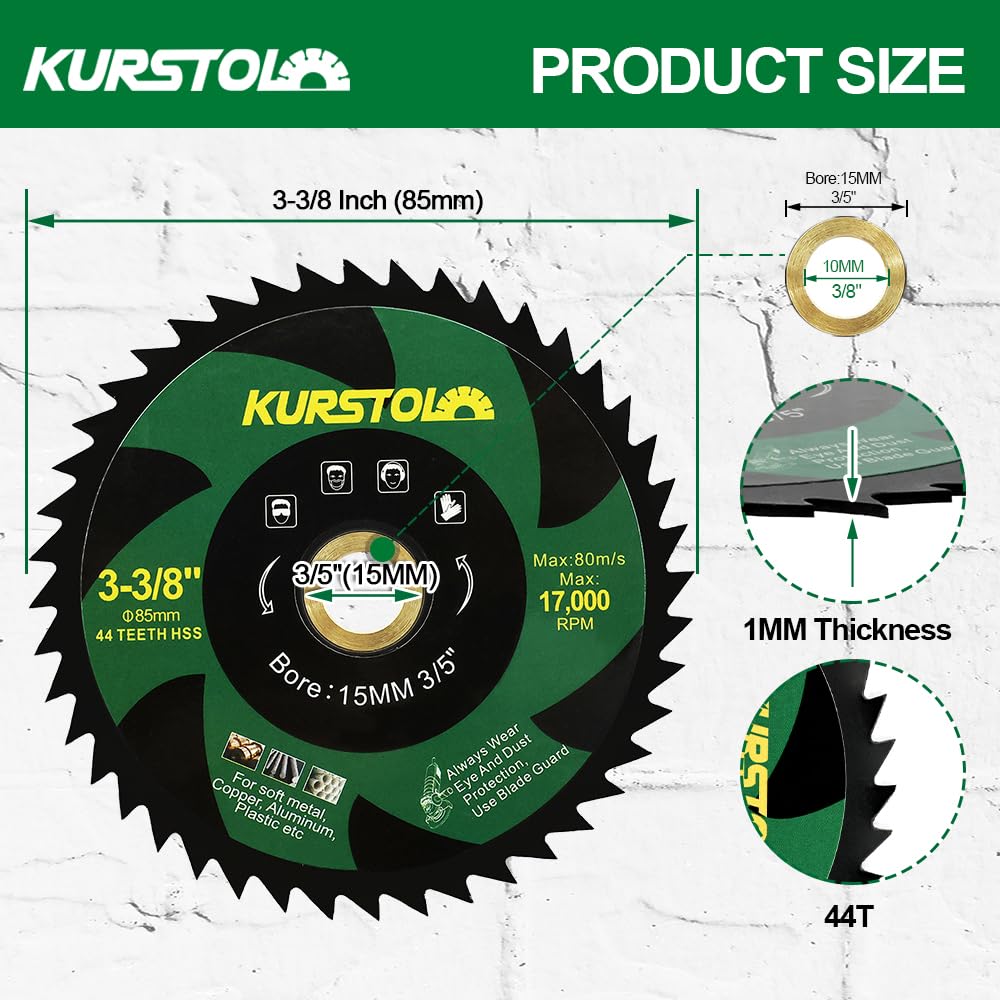 HSS Circular Saw Blade - 5pcs 3-3/8"(85mm) 44T Cutting Disc for Mini Angle Grinder with Arbor 3/5"(15mm) Copper Aluminum Metal Non-Ferrous Sheet Metal Wood Plastic