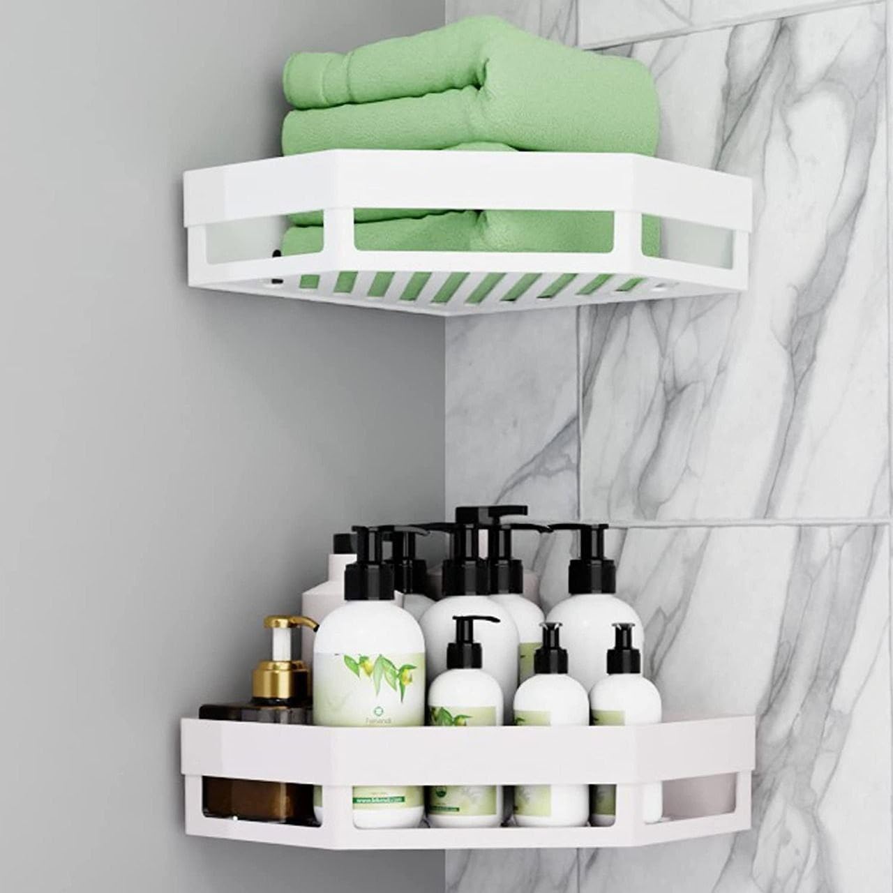 2 Pcs Diamond Shape Plastic Bathroom Corner Shelf Wall Mounted, Self Adhesive Shower Organizer Rack with Hooks, Waterproof Storage Stand for Kitchen, Wash Basin & Bathroom Accessories (White, 2 Pack) 3