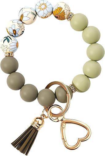 Weixiltc Silicone Beaded Wristlet Keychain with Heart Clasp for Women | Boho stretch bracelet keychain with heart clasp. Food-grade silicone beads & colorful. Chic bag charm with leather tassel.