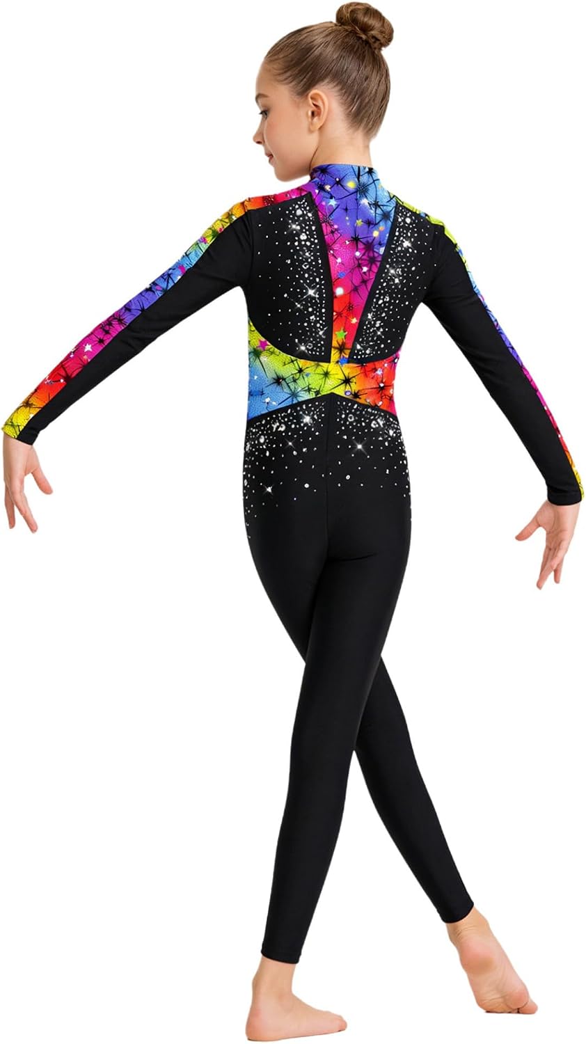 Jhaoyu Girls Long Sleeve Gymnastics Unitards with Rhinestones Zip Back Printed Figure Skating Jumpsuit for Performance