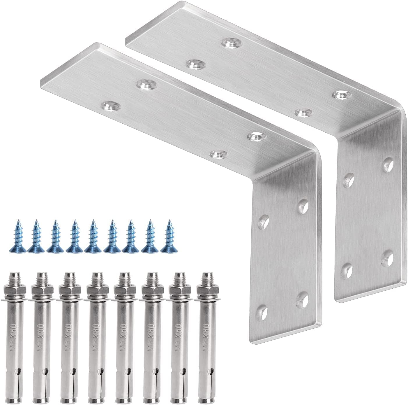 YUMORE Countertop Support Brackets 150x100x50mm,5mm Thick Heavy Duty L Shelf Bracket Stainless Steel Wall Mounted Support for DIY Open Shelving, 2 Pack, with Metal Wall Plug & Screws
