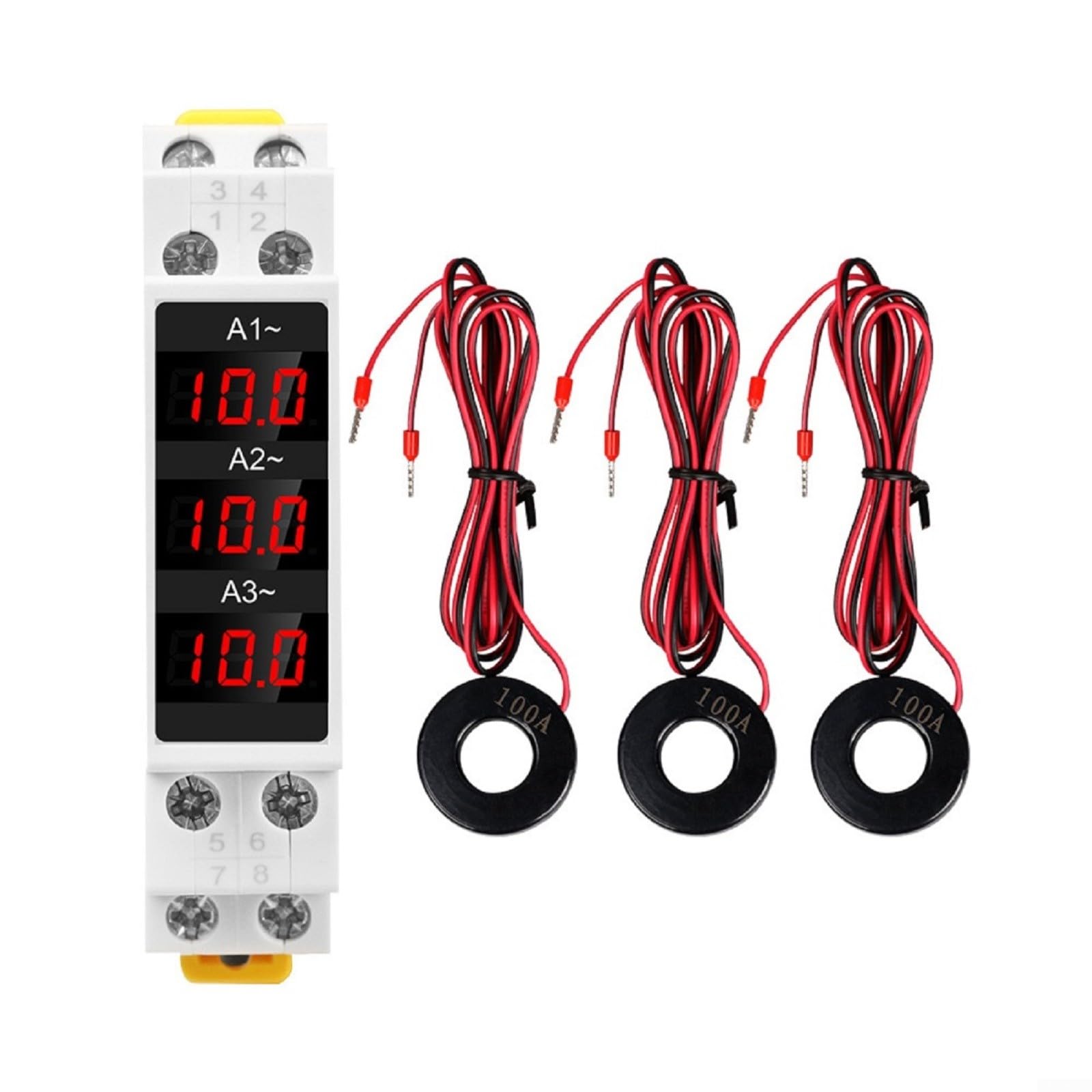 Mini amperometro digitale trifase su guida DIN con display a LED, rilevamento corrente 1-100A, intervallo di tensione AC80-500V 50/60Hz per monitoraggio elettrico industriale o commerciale