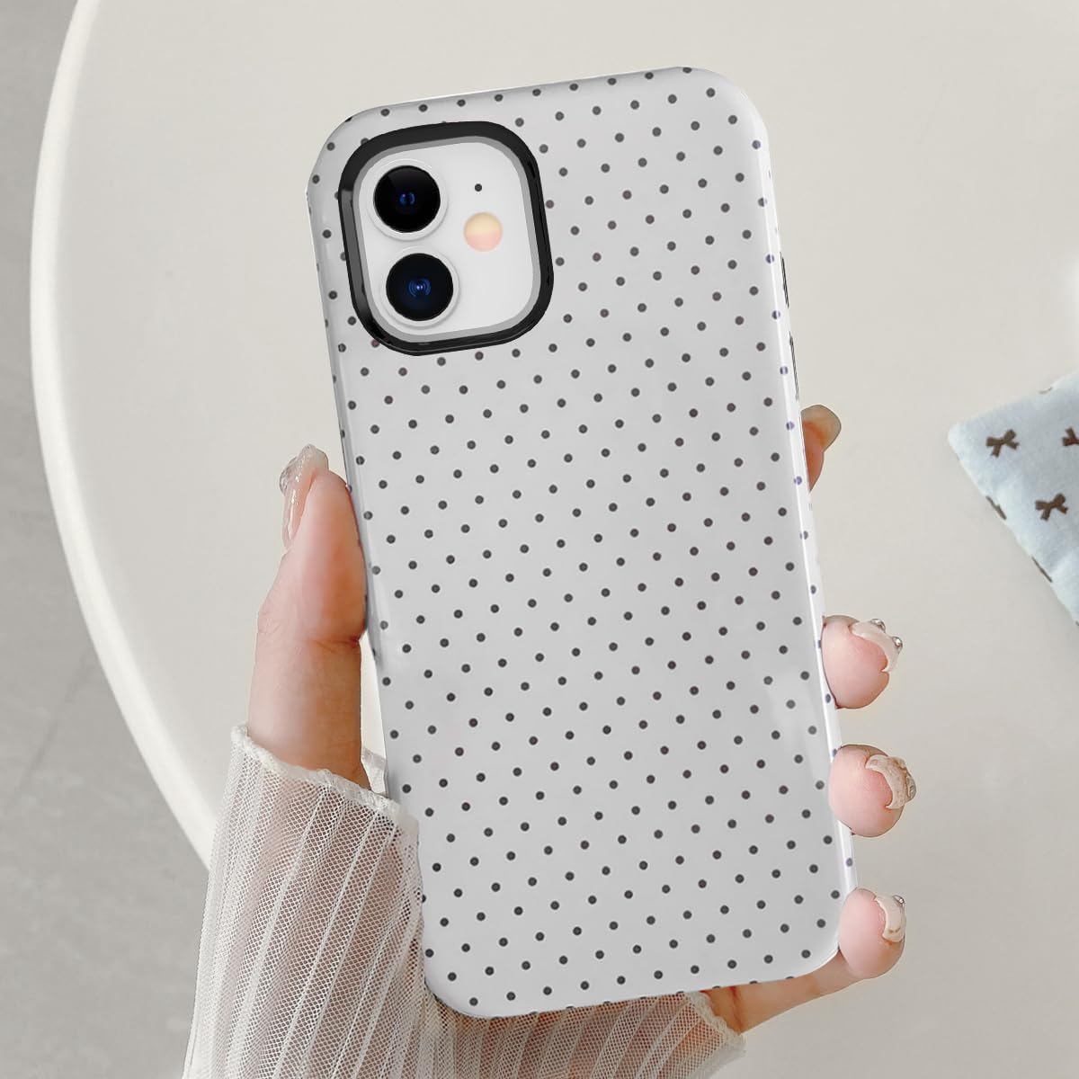 Cute Case for iPhone 12 Mini, Polka Dot Phone Case for iPhone 13 Mini Aesthetic Pattern Design, Hybrid 2-Layer Shockproof Protective Cover for Girls Women (White,12mini/13mini)