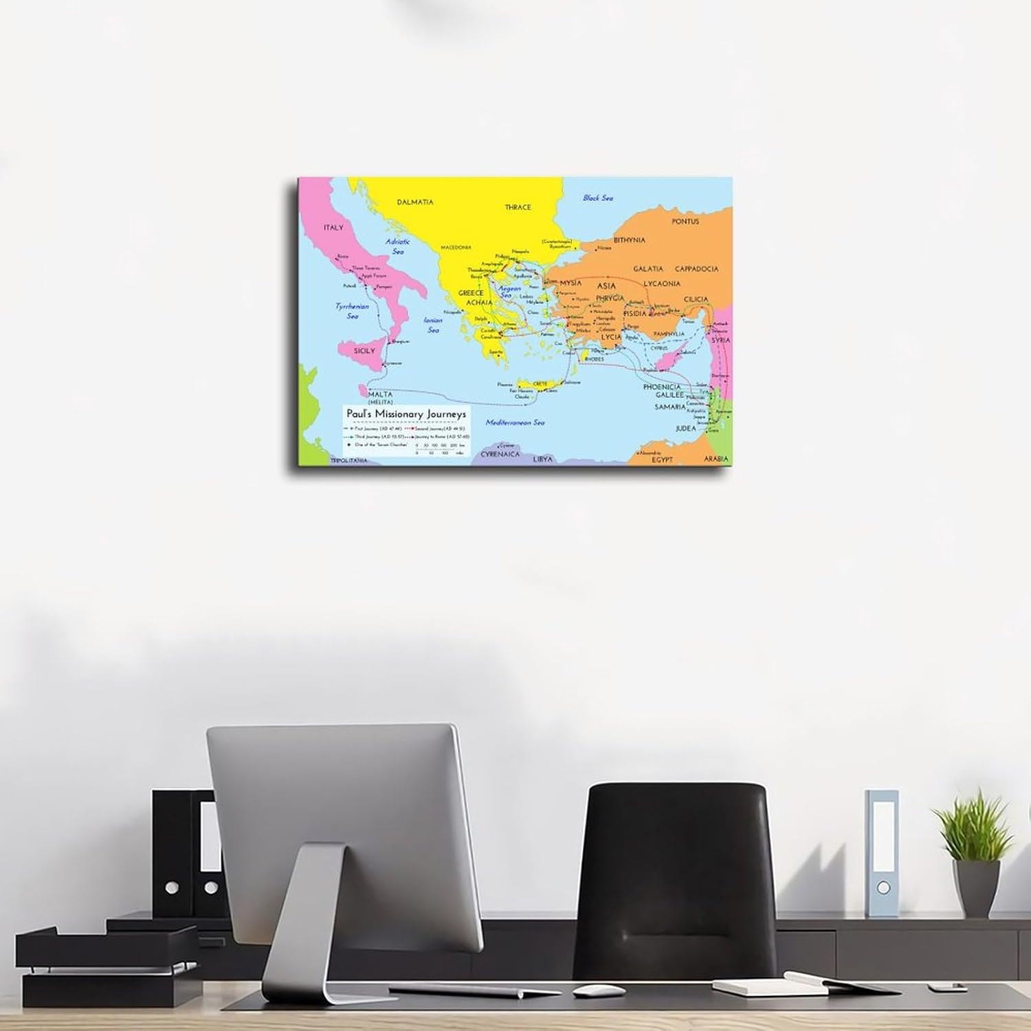 Bible Map Paul’s Missionary Journeys Canvas Poster Print Picture Paintings, Detailed Bible Story Map Poster for Classroom and Religious Home Decors, 24x36inch(60x90cm) Unframed
