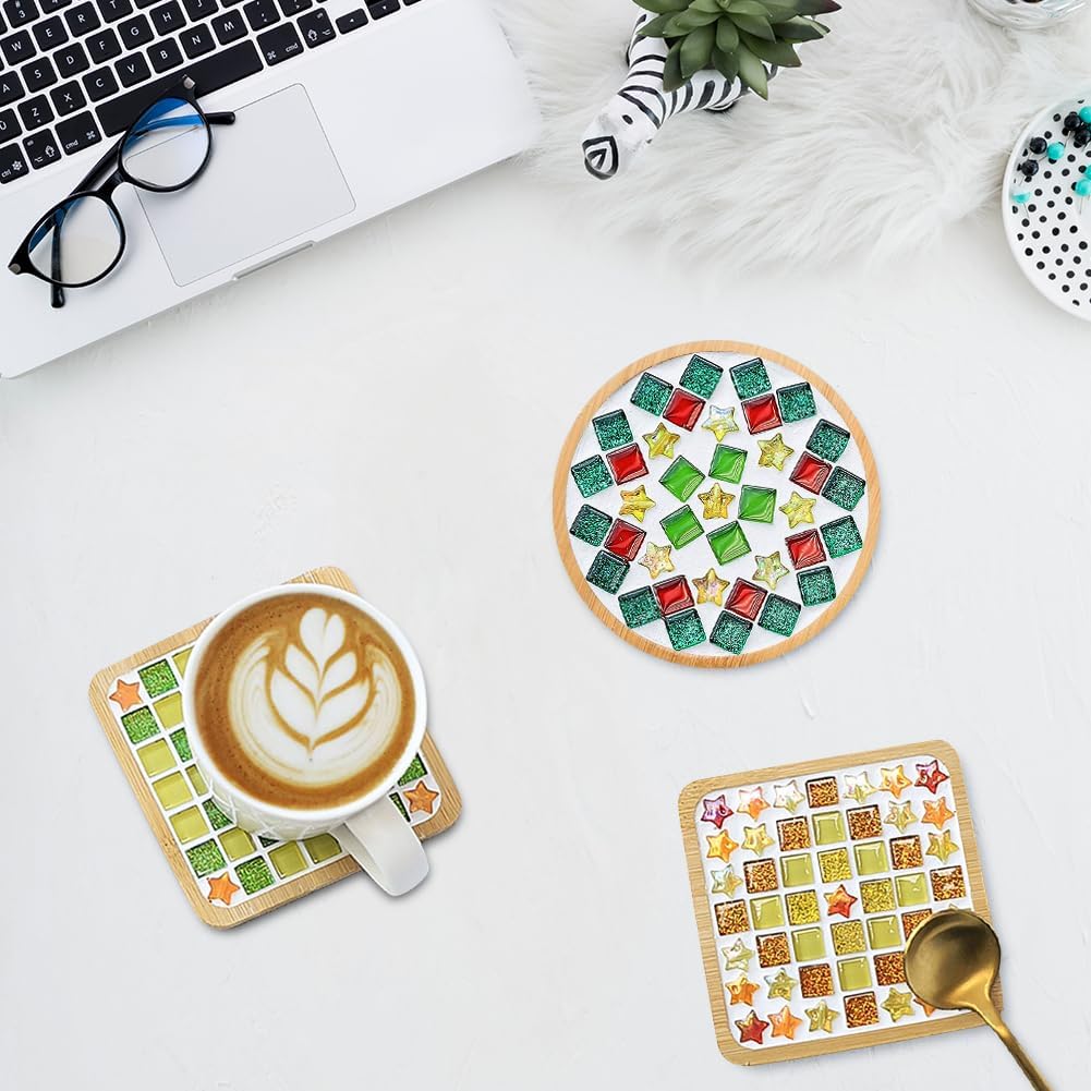 Airsnigi 10 Set DIY Mosaic Tiles for Crafts Mixed Color Mosaic Kits with Wooden Coasters Handmade Glass Coasters Crafts Set for Adult Creative Handmade Home Decoration Christmas Gift