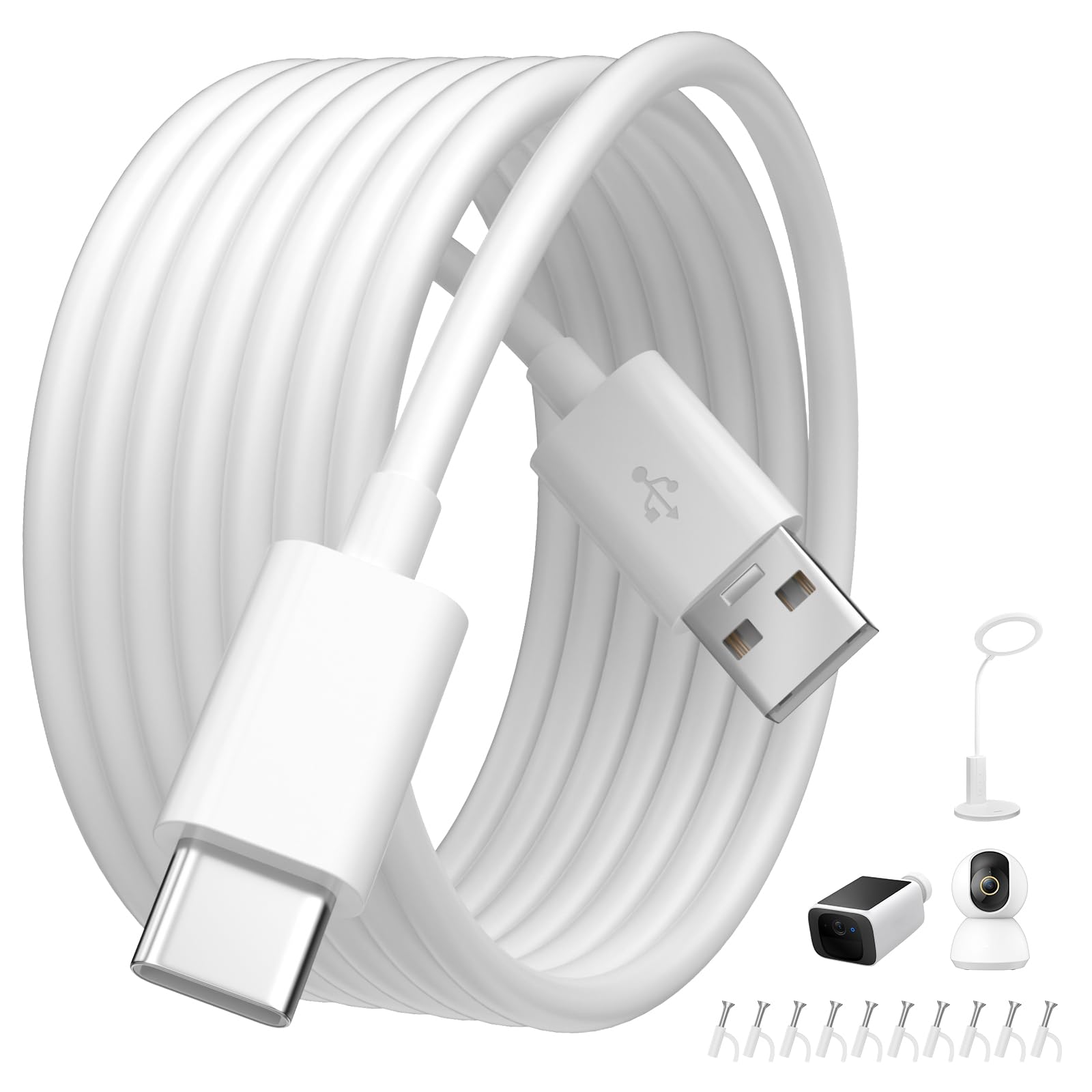 5 m langes Typ-C-Kabel für Überwachungskamera, Outdoor-USBC-Netzkabel, USB auf USB-C-Verlängerungskabel für eufy Indoor-Kamera C220/S330/CCTV-Kamera, 10 Drahtclips, Kabelnägel, Weiß