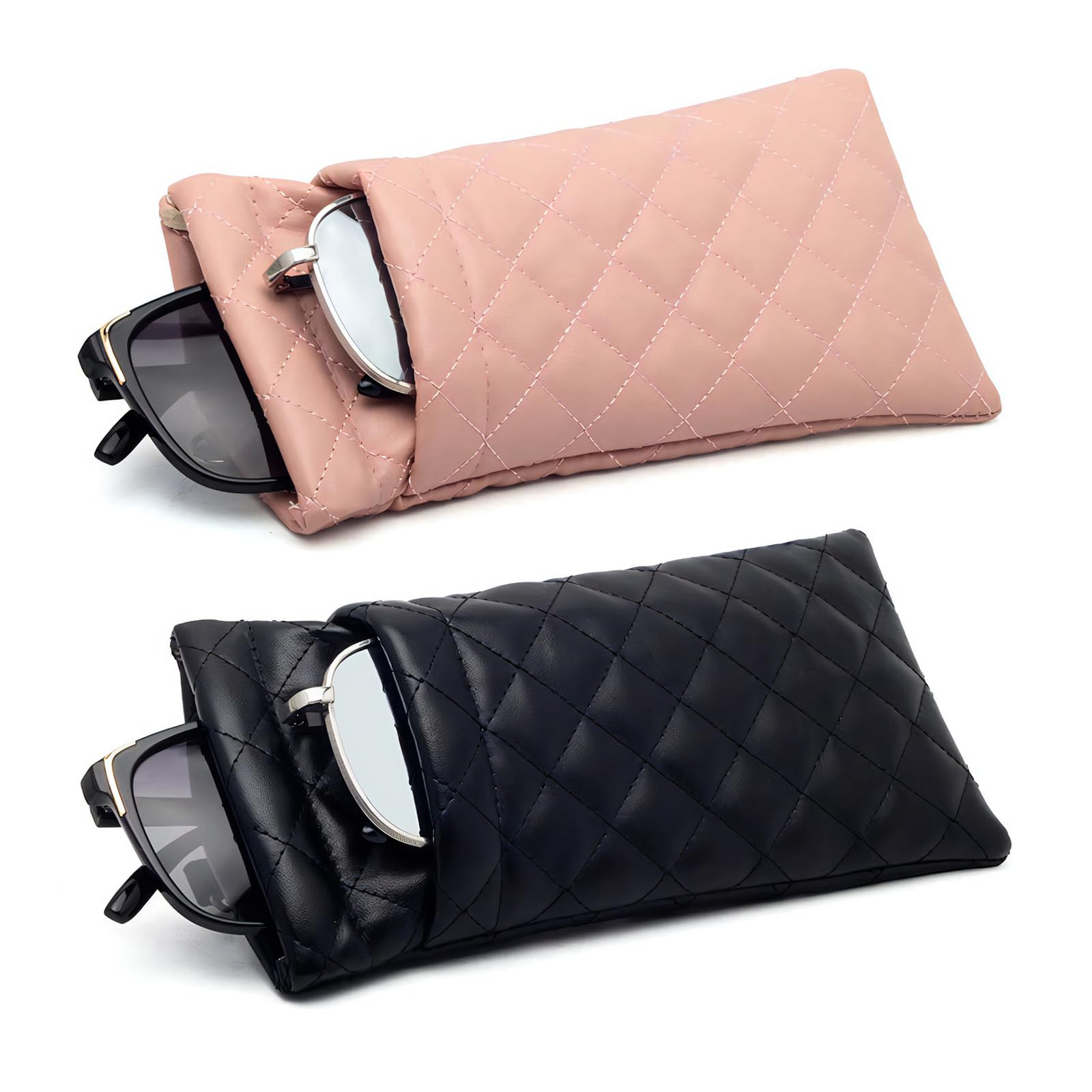 ANLIOTO2 Pcs Double Glasses Case, PU Leather Double Eyeglass Case Large Squeeze Top Portable Sunglass Case For Women Men