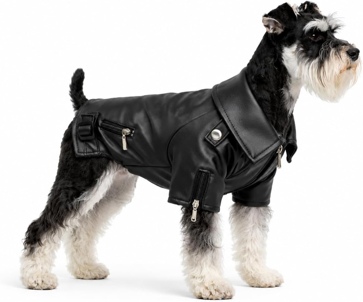 Lovelonglong Cool Dog Leather Jacket, Warm Coats Dogs Windproof Cold Weather Coats for Large Medium Small Dogs, Pomeranian Clothing Black M
