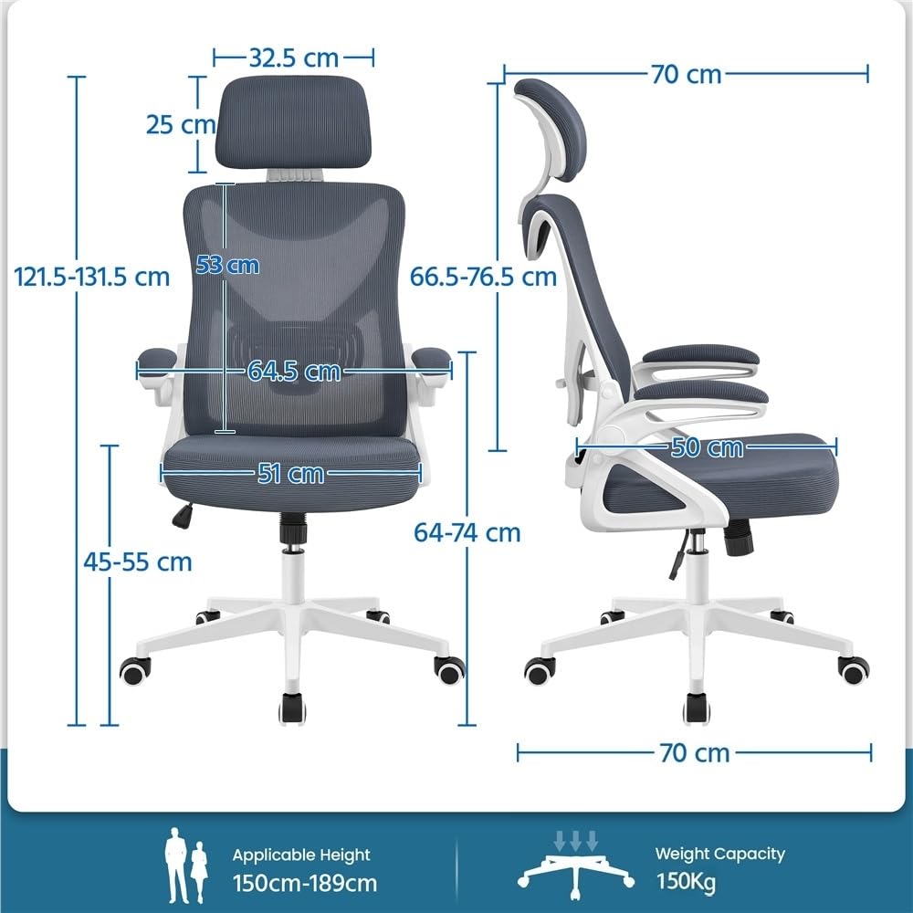 Yaheetech Silla de Oficina Ergonomica con Soporte Lumbar Blanco Gris | Reposabrazo Reposacabeza Ajustable, Base Giratoria de 70 cm, Malla Transpirable, Capacidad Max 150KG