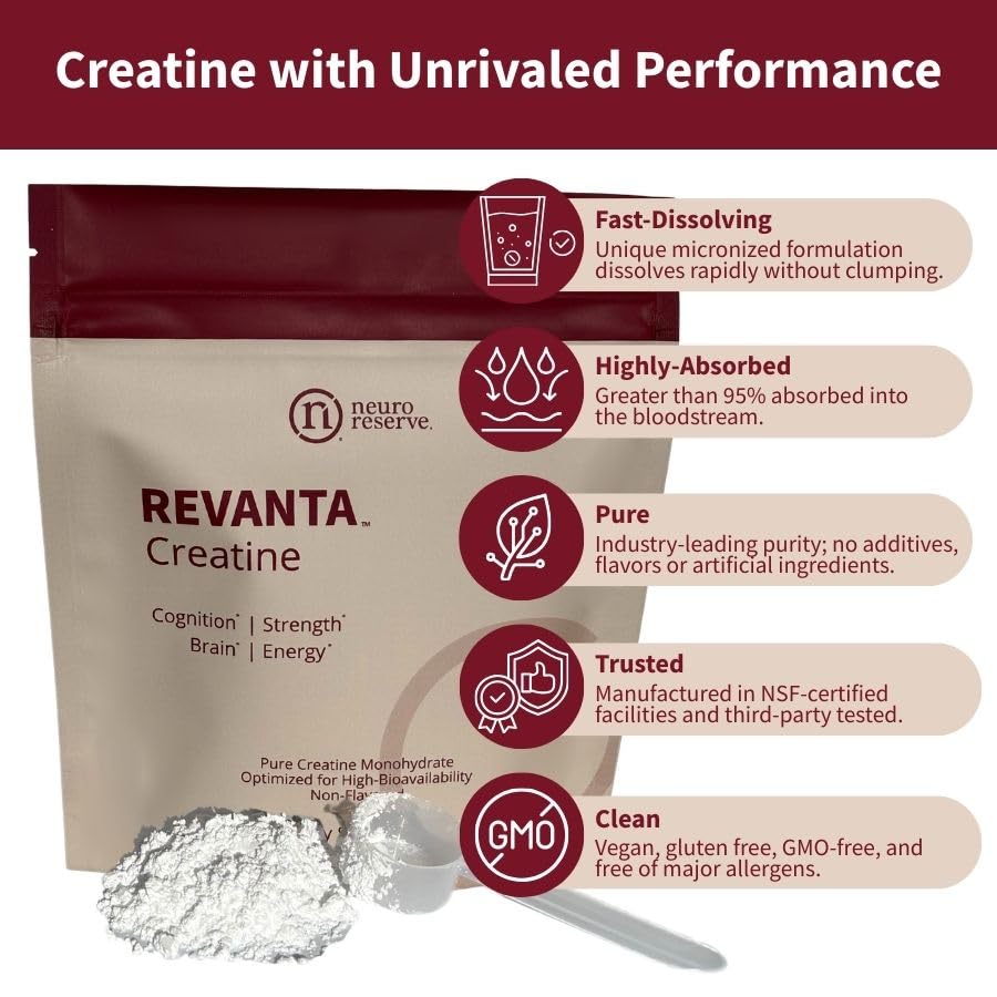 REVANTA Creatine Monohydrate Powder Cognitive & Lean Muscle Support Supplement for Women, Men Cellular Energy for Memory, Focus, Strength & Healthy Aging Professional Grade, Unflavored (300 Grams) - Image 2