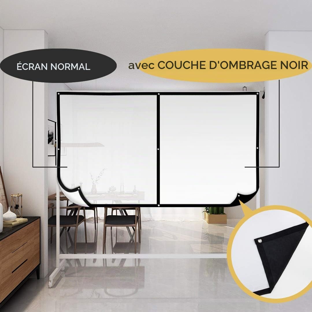 120 Pouces Écran de Projecteur en Polyester 16:9 Écran de projecteur Frontale 4K 3D et Dos Noir pour l'école Maison cinéma intérieur extérieur avec 15 Crochets 1 Corde 1 Sac Portable