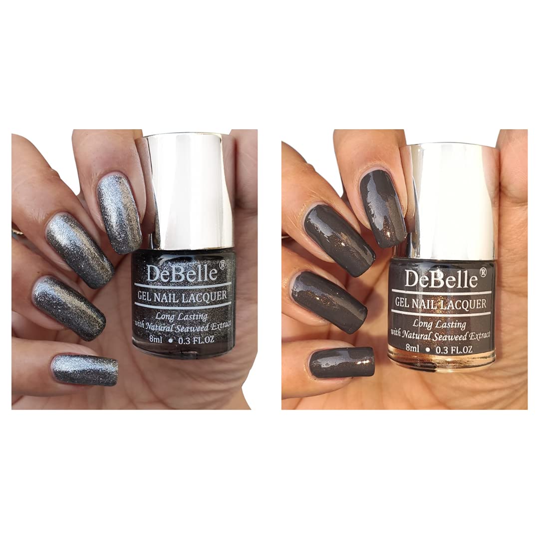 DeBelle Gel Nail Polish Combo Pack of 2 Silver glitter(Grey Glitteratti), Dark Grey (Copper Glaze) 16 ml (8 ml Each)