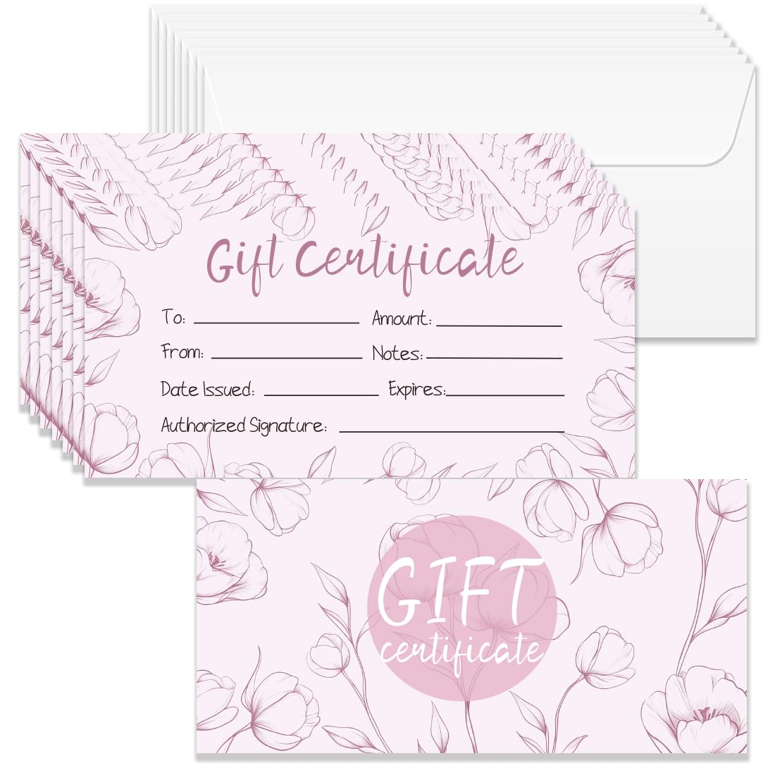 Doodlream 40 Sets Gift Certificate for Business, Blank Gift Cards Certificates with Envelopes, 17 x 8.5 cm Pink Flower Cards Vouchers for Holiday, Birthday, Restaurant, Spa Makeup Salon