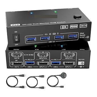 4K@144Hz KVM Switch 2 Monitors 2 Computers 8K@60Hz,KCEVE And Displayport Dual Monitor KVM Switch With 4 USB 3.0 Port High Refresh Rate