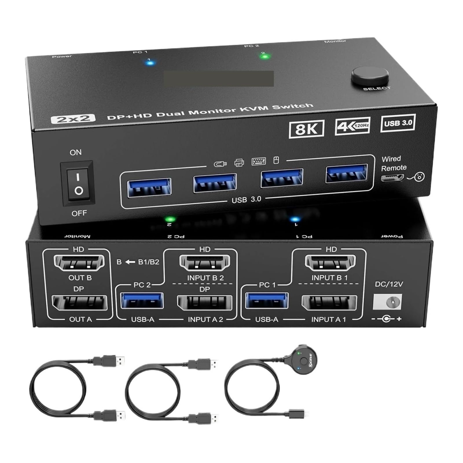 Konwerter Cyfrowy, Przełącznik KVM 4K@144Hz 2 monitory komputery 8K@60Hz, KCEVE i Displayport na dwa z 4 portami USB 3.0