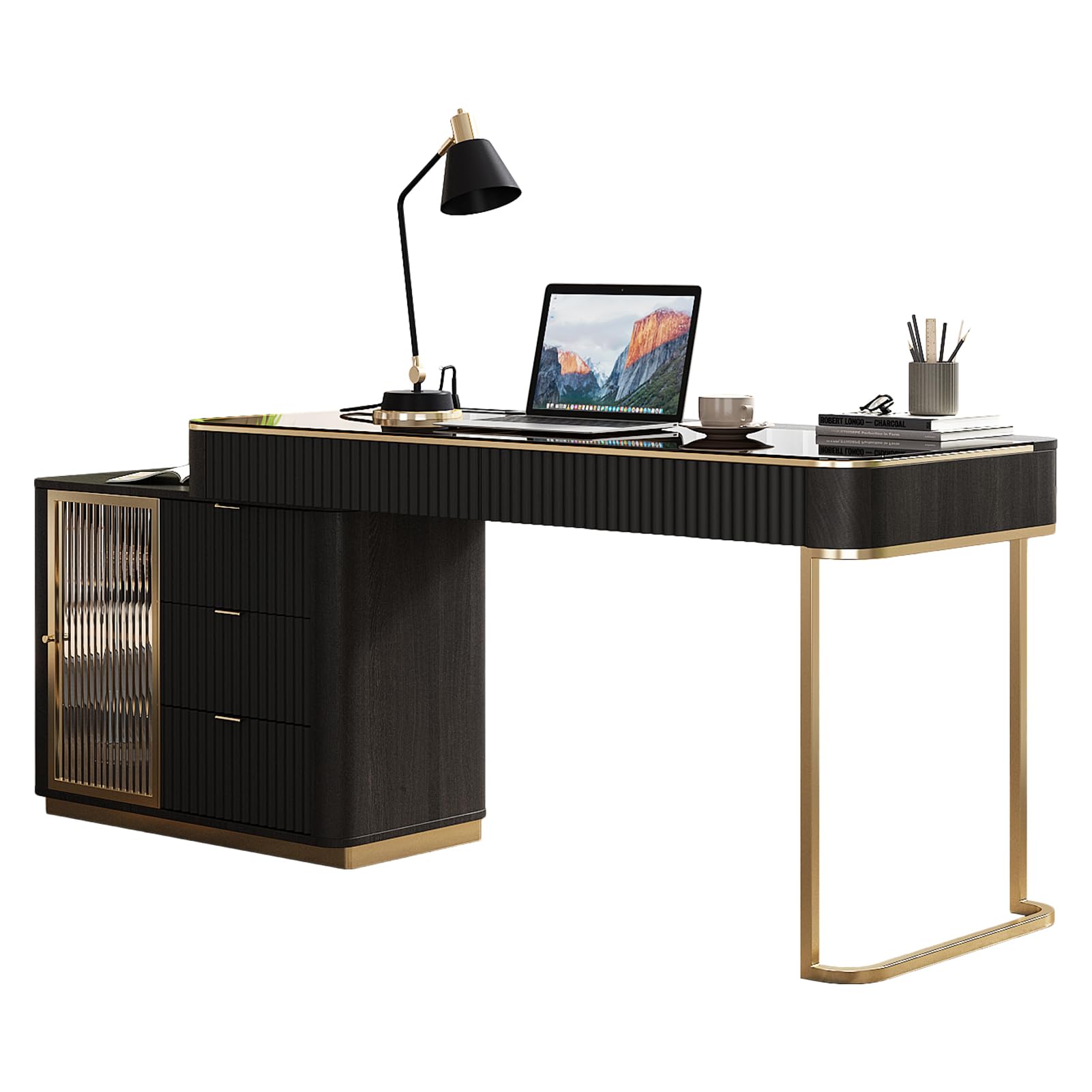 Lartis Scrivania da ufficio, molto facile da montare, scrivania per computer, scrivania telescopica per casa, moderna scrivania per computer con armadio retrattile luci LED integrate (nero marrone