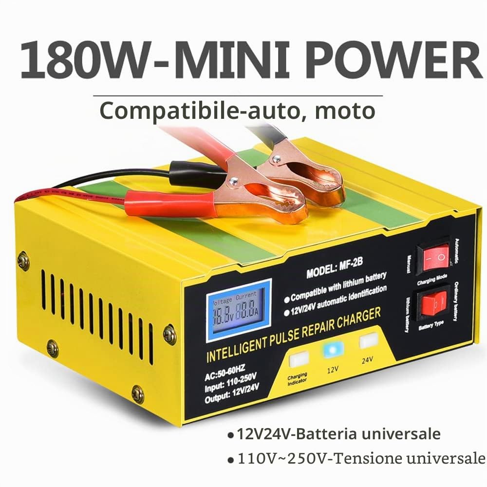 Shkalacar Caricabatterie per auto, 12V / 24V Dispositivo di carica per la riparazione di impulsi intelligenti Manutentore di mantenimento della batteria per autoveicoli