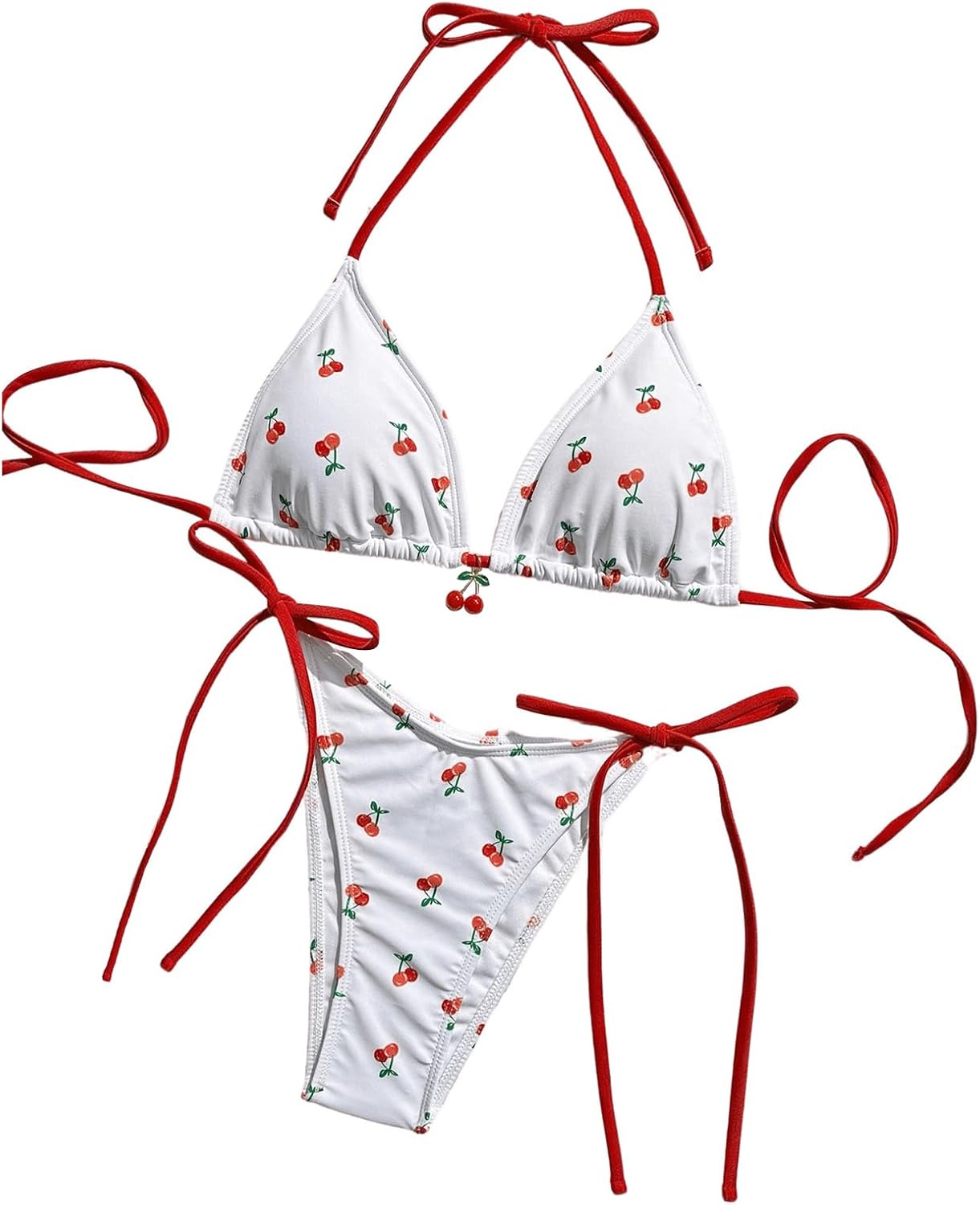 WDIRARA Women's 2 Piece Swimsuit Cherry Print Bikini Set Halter Triangle Bikini Side Tie String Bathing Suits