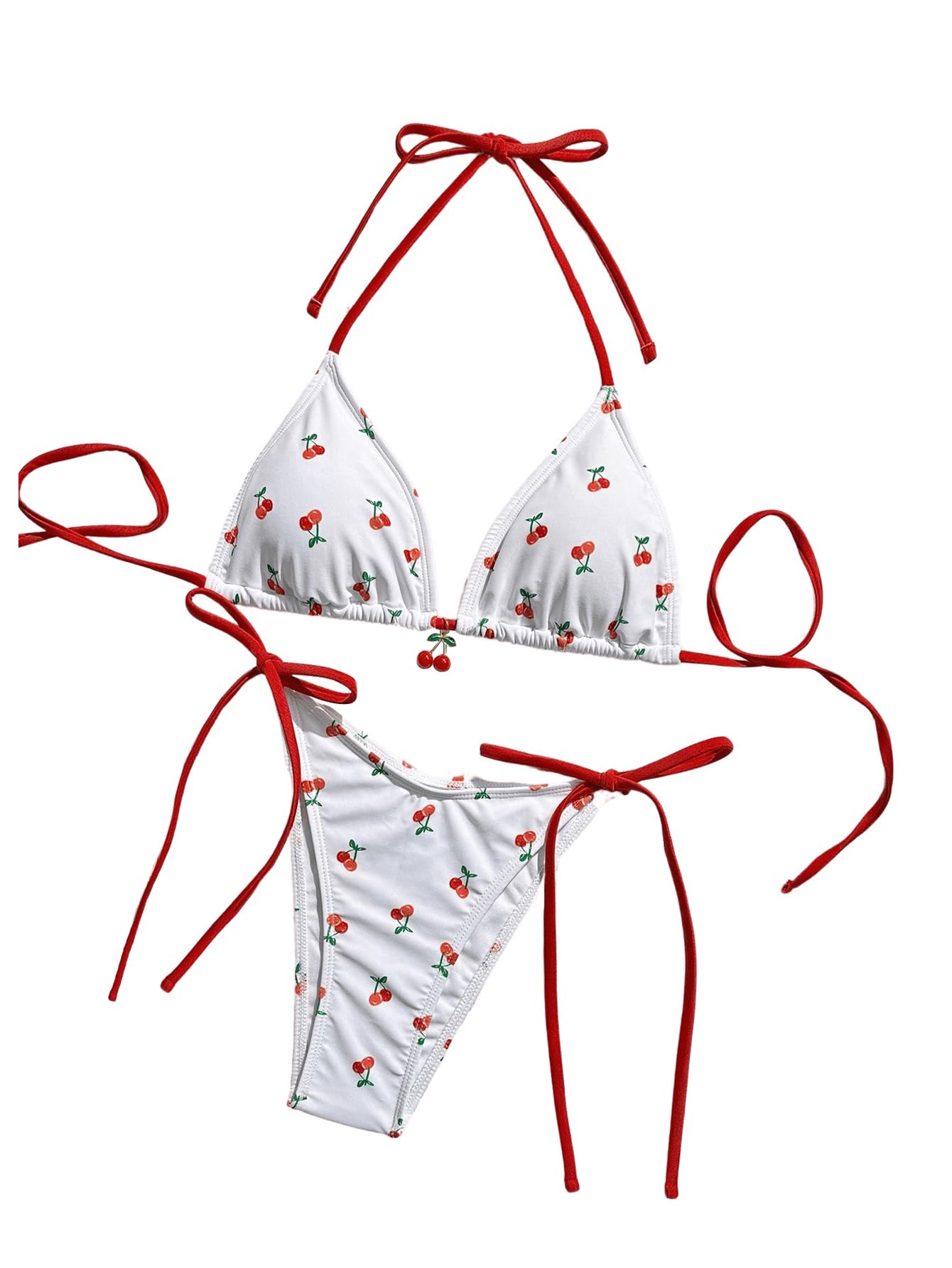 Women's 2 Piece Swimsuit Cherry Print Bikini Set Halter Triangle Bikini Side Tie String Bathing Suits-image-49