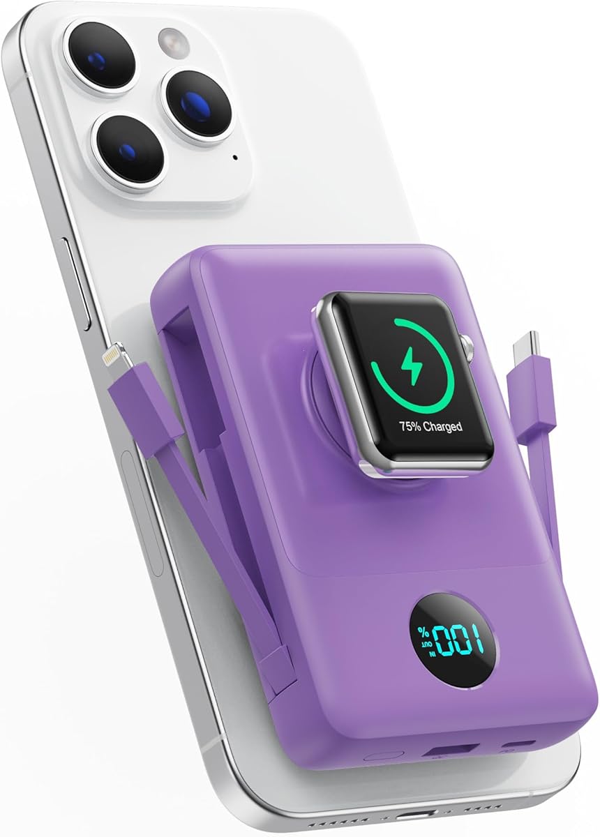 Magnetic Portable Charger 10800mAh for iPhone with Built-in Cables, 6-in-1 Wireless Power Bank with iWatch Charger,25W PD Fast Charging USB C Battery Pack for iPhone 16/15/14/13/12,Apple Watch(Purple)