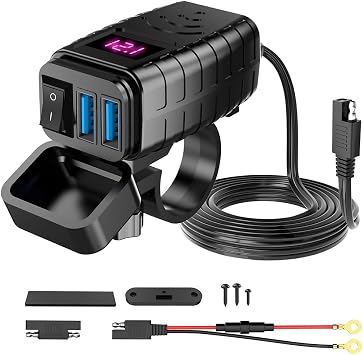Motorcycle Dual USB Charger for Royal Alloy GT 125 2018-2026,Fast Charging Quick Disconnect SAE to USB Waterproof Accessories with Voltmeter,Red Screen