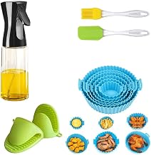 Air Fryer Accessories Set - Reusable Silicone Air Fryer Liners, Oil Sprayer for Cooking, Silicone Mitts, Basting Brush & Spatula - Non-Stick Food Grade Ninja, Cosori, & Vortex Compatible