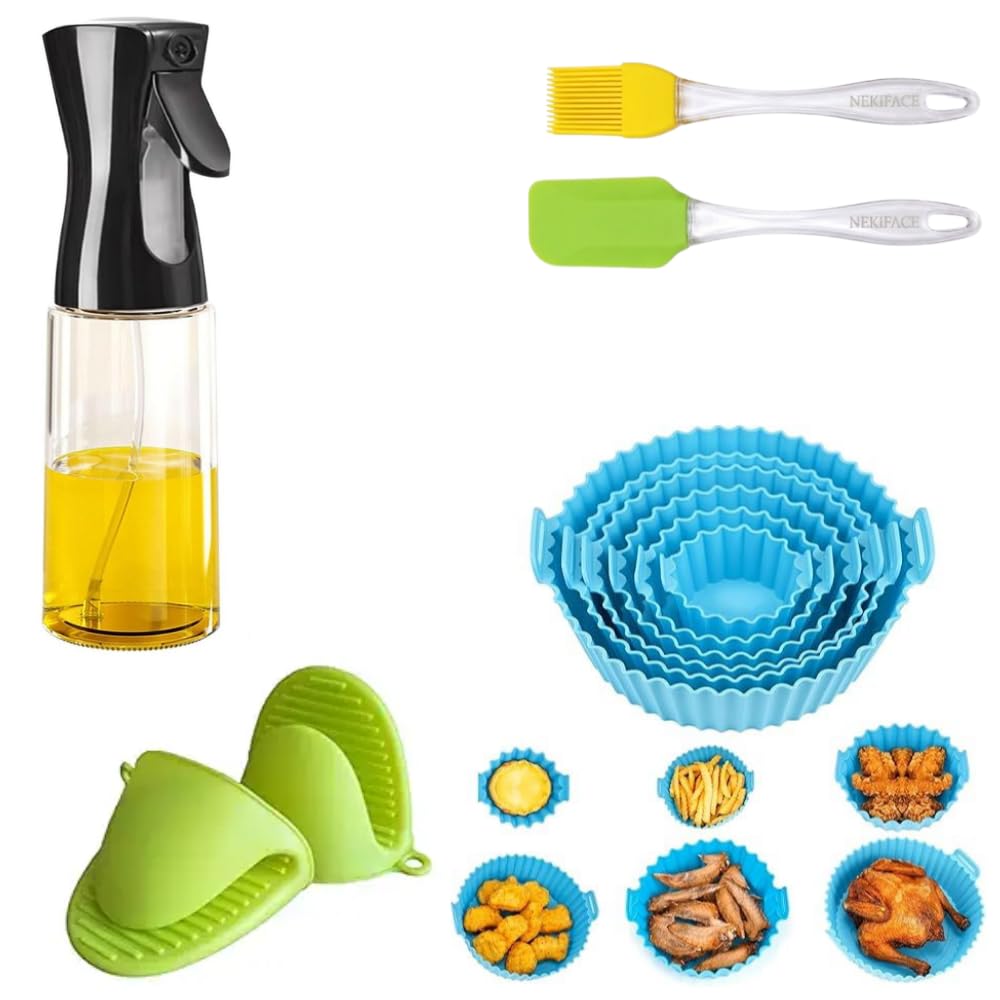 NEKIFACE 6 Pcs Round Reusable Non-Stick air Fryer Accessories Silicone Coating Pot Basket for Microwave Oven oil sprayer bottle and Oil brush And Spatula Set with silicone Glows | Baking Tools & Accessories-picture-32