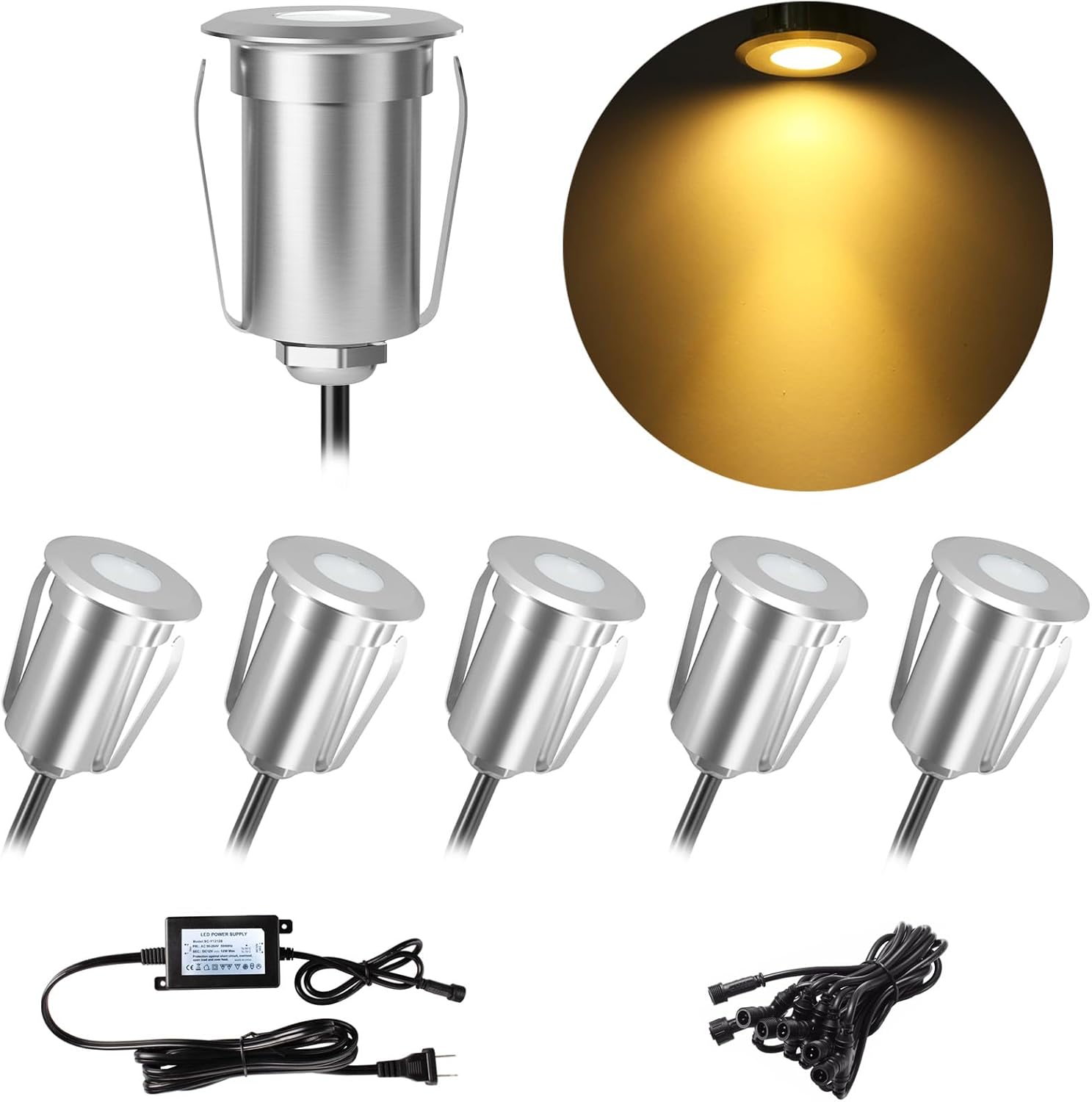 LED Deck Lights Kits with Protecting Shell, Aluminum Φ1.65in Low Voltage 12V IP67 Waterproof, Recessed LED Outdoor Stair Step Landscape Lighting for Yard Floor Patio Kitchen Decoration, 6 Pack