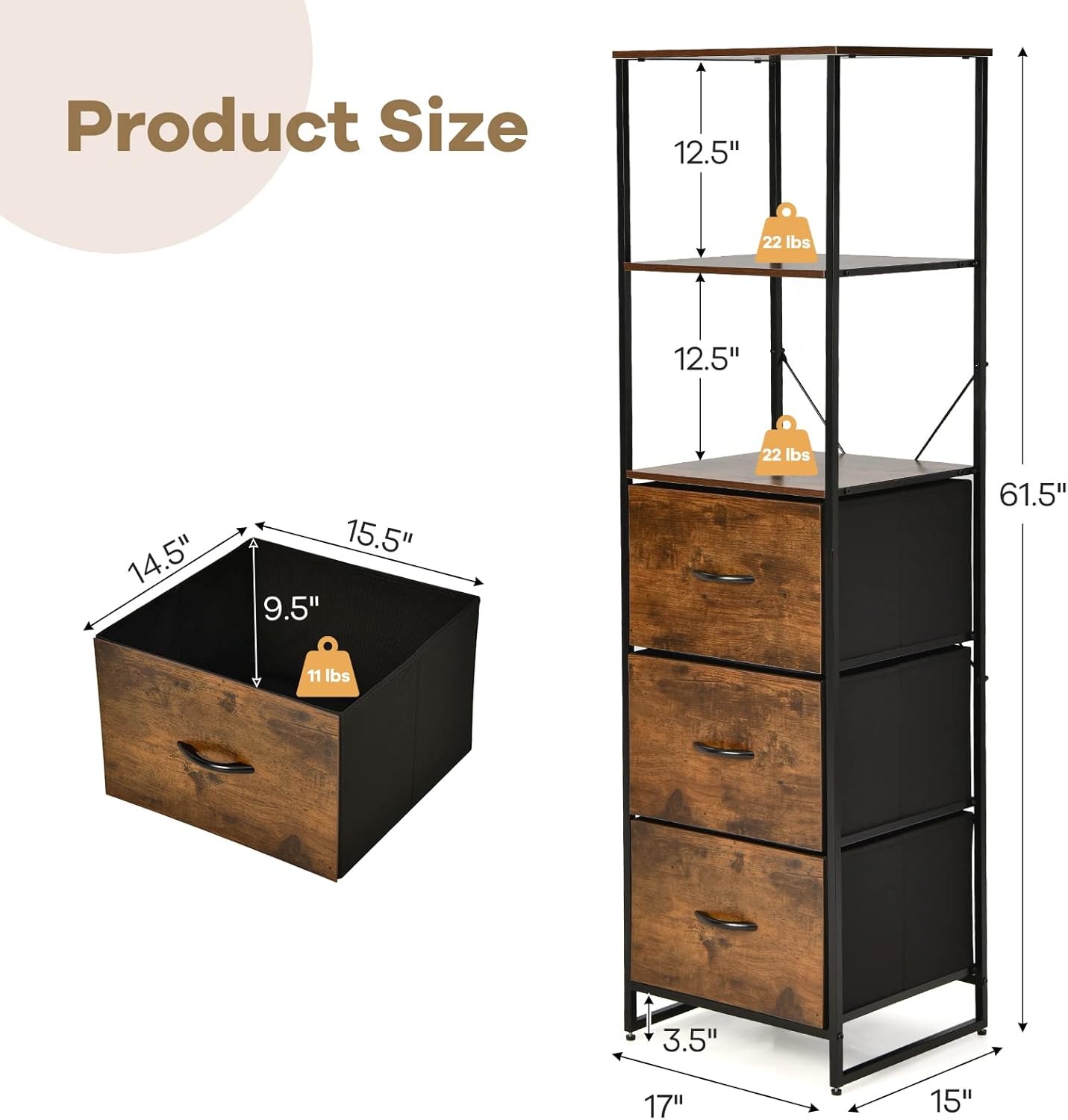 LOKO Tall Floor Storage Cabinet Set of 2, Industrial Skinny Floor Cabinet with 3 Fabric Drawers, Rustic Tall Narrow Storage Cabinet with Adjustable Footpads, 17 x 15 x 61.5 inches