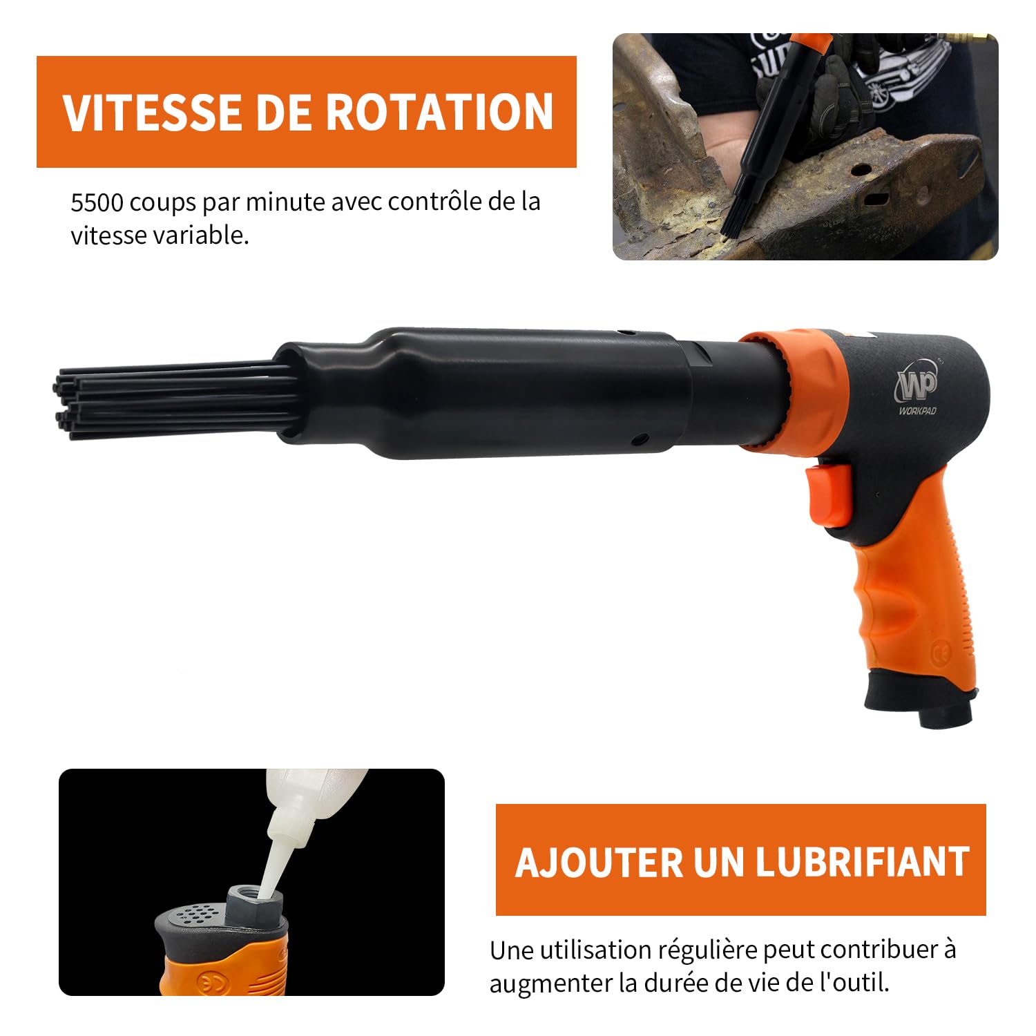WorkPad Dérouilleur professionnel à aiguilles à air comprimé Tête de rechange 5000 t/min.pistolet à aiguilles, 19 aiguilles, dérouilleur Décapant de peinture pour mécaniciens automobiles