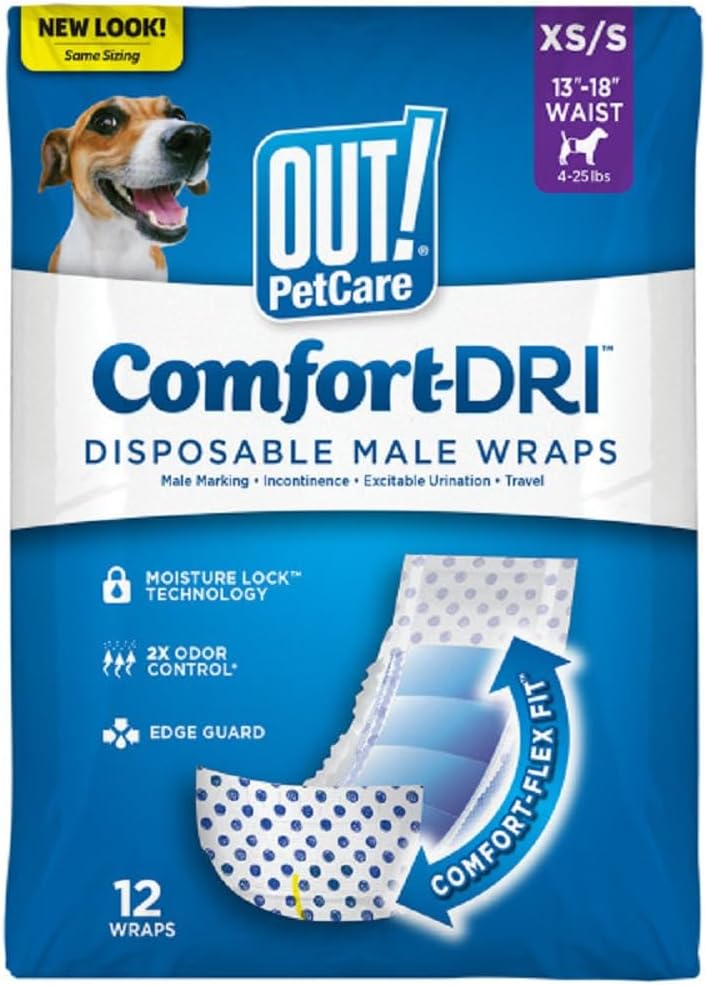OUT! PetCare Male Dog Diapers, Disposable Belly Bands, XS/S, 12 Count