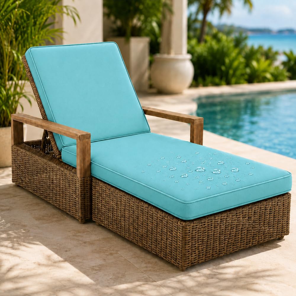 AZMAHT Sun Lounger Cushion Replacement Cushions Only, Waterproof 2 Section Lounger Cushion with Removable Cover, Anti-Slip Pad with 6 Straps for Garden Sunbed,Sky Blue 2,188x58x10cm