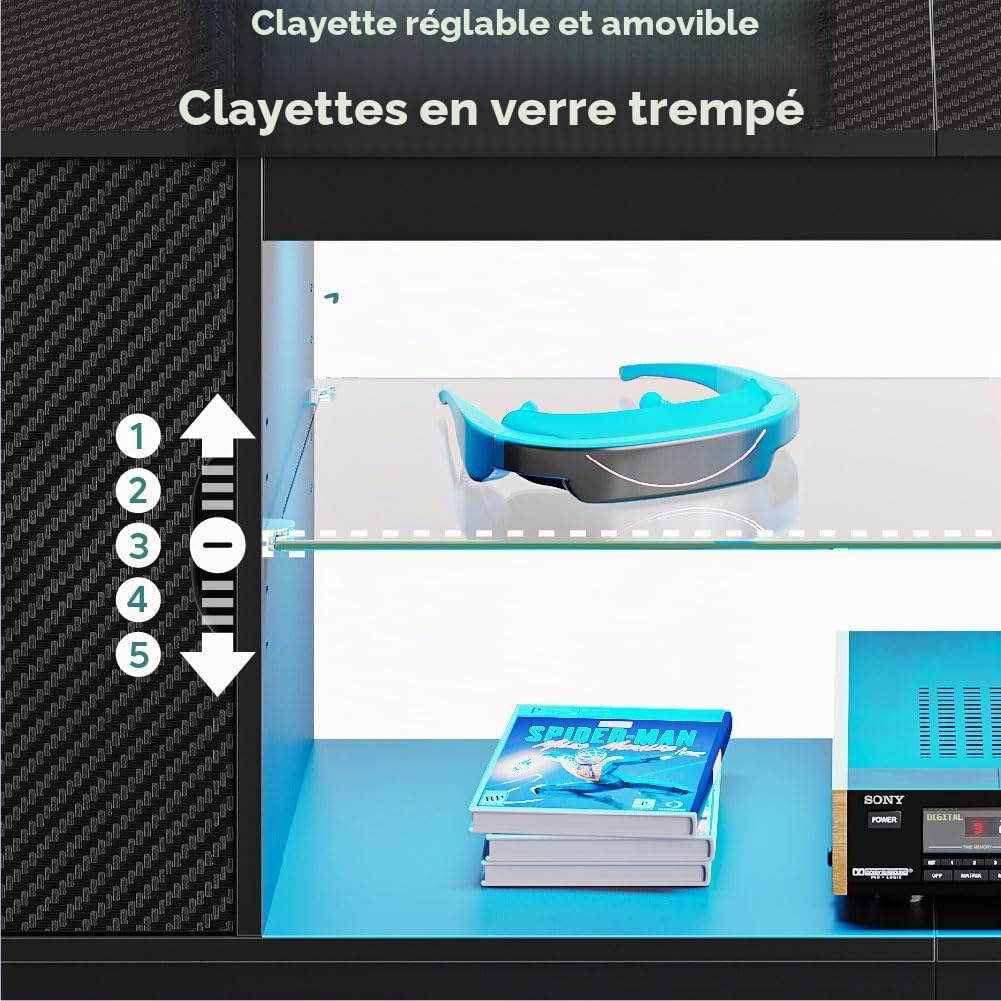Bestier Support TV LED 145 cm pour TV de 55/60/65" avec Armoire pour PS5, Moderne, avec étagères en Verre réglables, pour Salon, Chambre à Coucher, Fibre de Carbone Noire