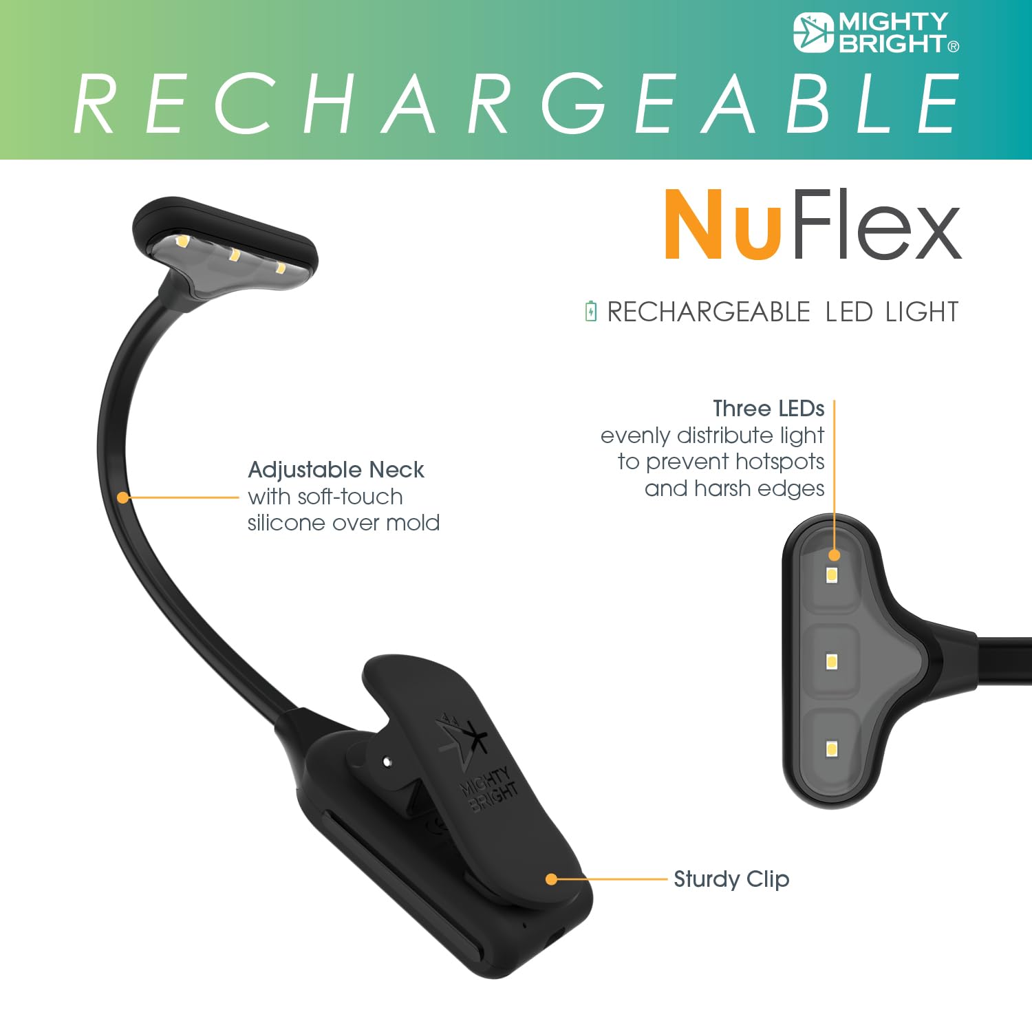 Mighty Bright NuFlex Rechargeable Book Light - 35 Lumens Warm Light | 3 Brightness Levels | 24-Hour Battery | Flexible Gooseneck - View #4