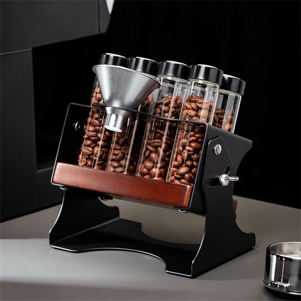 Vorratsglas für Kaffeebohnen, mit 8 versiegelten Dosierfläschchen, Luftdichter Behälter für Espressobar, Massivholzsockel, 19 x 10,8 x 12,7 cm