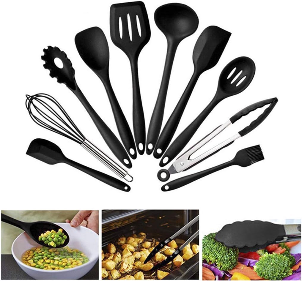 Silicone Kitchen Utensil 10Piece Set for Cooking and Baking with Stainless Steel Non-Stick and Heat Resistant Chef Kitchen Utensil Sets
